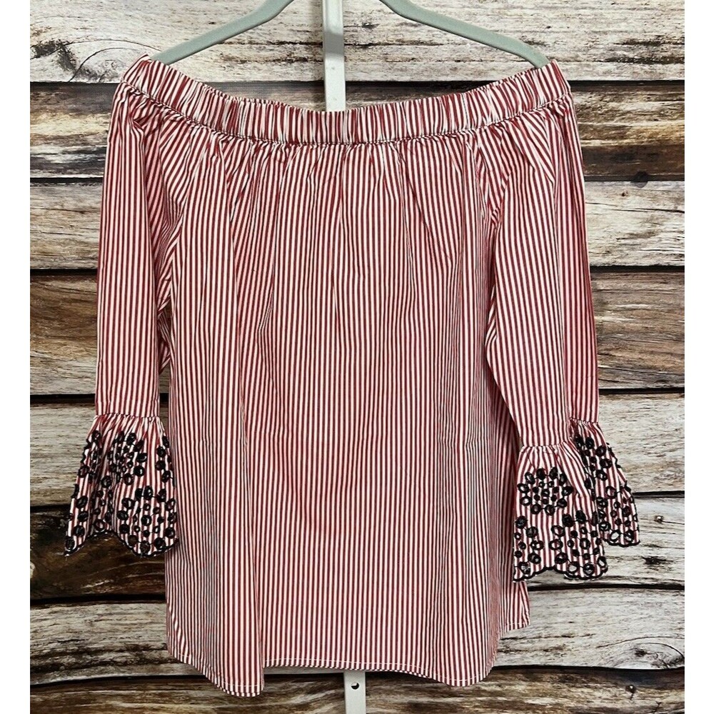 Beach Lunch Lounge Peasant Top Women's Small Red White Blue Embroidered Sleeves